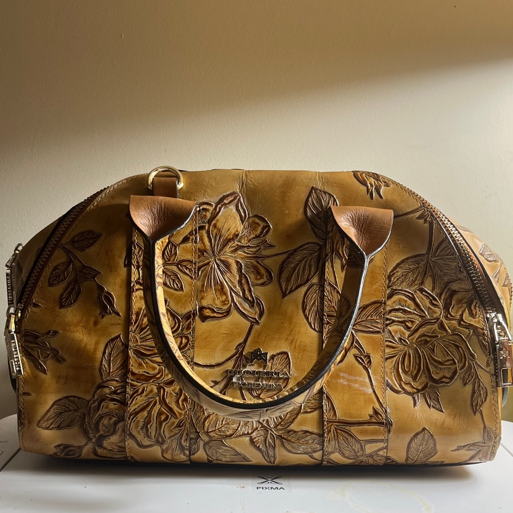 Floral Embossed Leather Bag - Tan